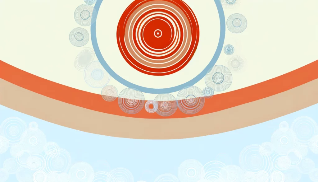 Image abstraite avec des cercles concentriques et des courbes douces dans des teintes de rouge, bleu et beige évoquant un voyage introspectif.