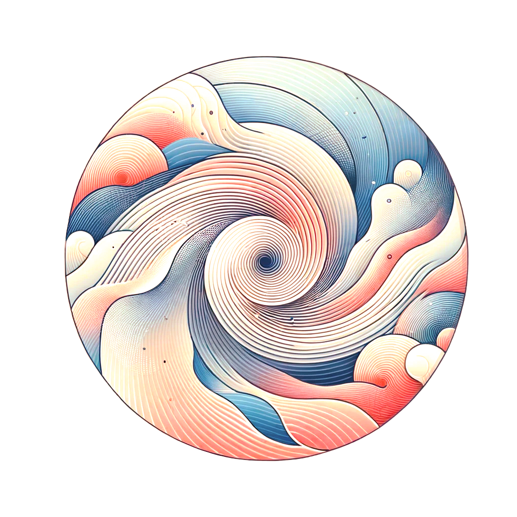 Illustration abstraite de formes ondulantes et enroulées en couleurs pastel représentant la fluidité et la profondeur de l'hypnose quantique.